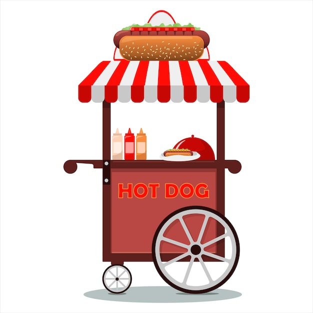 Street food cart with hot dogs flat vector illustration of cart selling sausages at fairs street par...