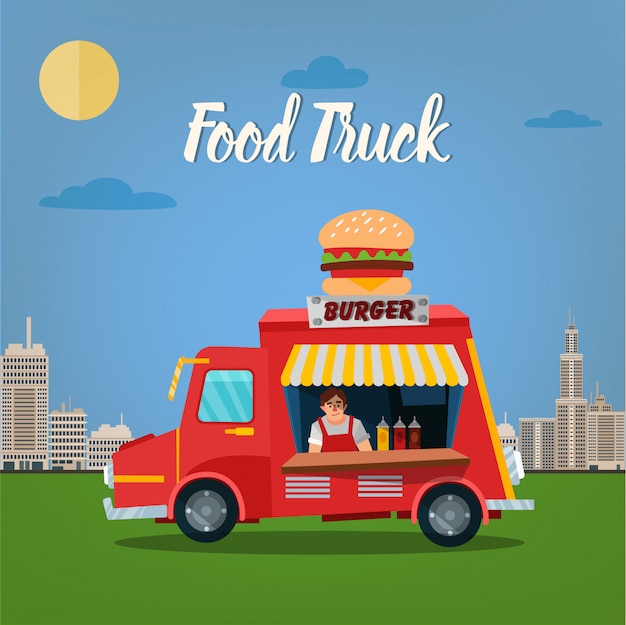 Street Food Concept met Burger Food Truck en verkoper in de Megapolis