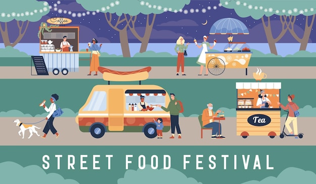 Vector street food festival banner people have fun outdoors on summer night flat vector illustration