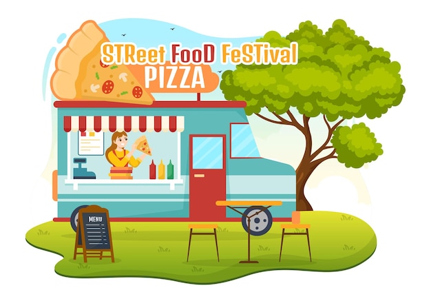 Street Food Festival Event Illustration with People and Foods Trucks in Summer Outdoor City Park