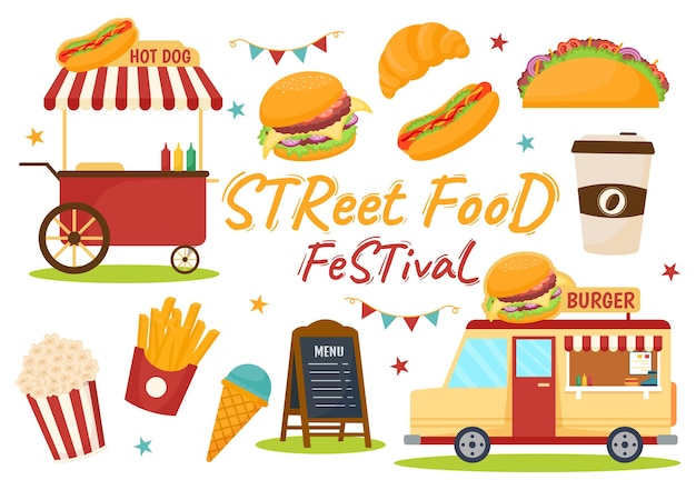 Street food festival event illustration with people and foods trucks in summer outdoor city park