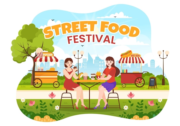 Street food festival event illustration with people and foods trucks in summer outdoor city park