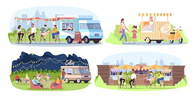 Street food festival flat vector illustrations set City fest Park cafe Summer outdoor rest in town Ready takeaway meal kiosks walking eating chatting people isolated cartoon characters