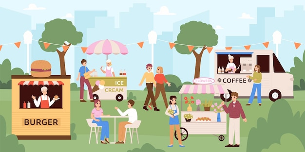 Street food festival people crowd walking in fair in park Outdoor summer event person eating burger and ice cream drink coffee snugly vector scene