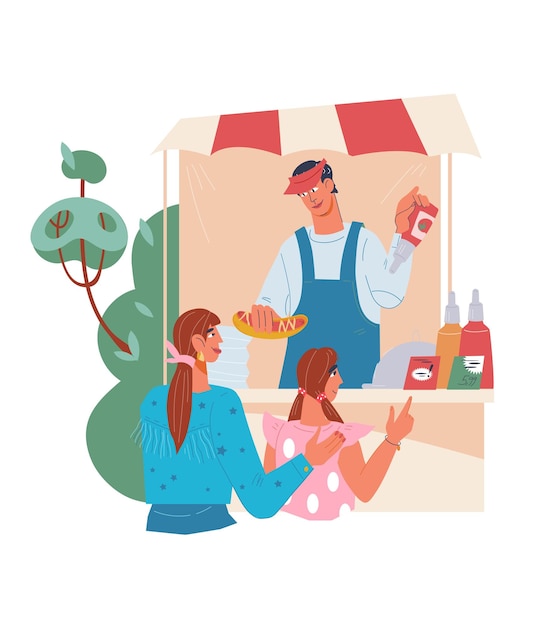 Street food festival scene with customer characters and vendor at kiosk flat vector isolated