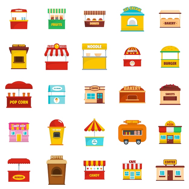 Street food kiosk icons set