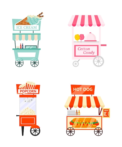 Street food kiosk illustration set Small business takeaway service Ice cream cart cotton candy booth popcorn machine and hot dog stand