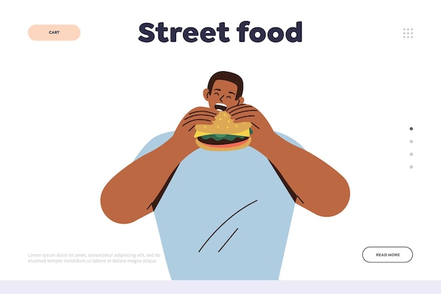 Street food landing page design template with man hunger character eating hamburger fastfood