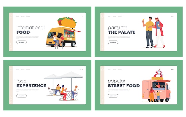 Street Food Landing Page Template Set People Buy Snacks And Drinks In Meal Trucks during Gastronomic Festival