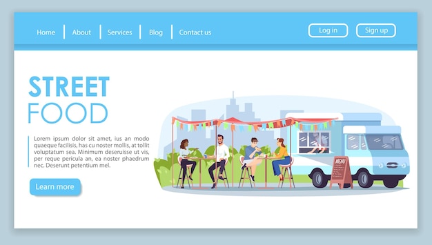 Vector street food landing page vector template. takeaway meal cafe website interface idea with flat illustrations. fest in park homepage layout. restaurant visitors web banner, webpage cartoon concept