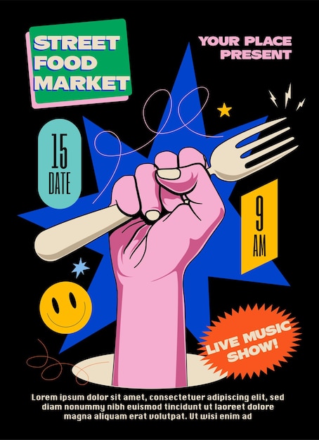 Уличный продовольственный рынок или фестиваль или ярмарка плакат или баннер или флаер креативный дизайн шаблона с поднятой рукой, держащей вилку с яркими элементами на черном фоне. векторная иллюстрация eps 10