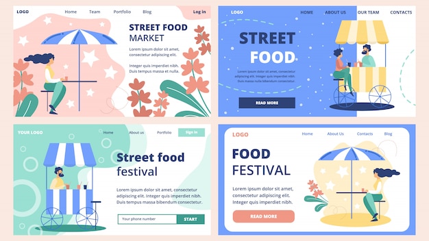 Вектор Набор шаблонов веб-сайта рынка уличной еды