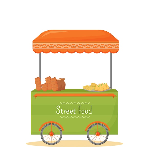 Street food mobile kiosk cartoon . indian traditional cuisine trade stall flat color object. street trading, fast food tent on wheels isolated on white background