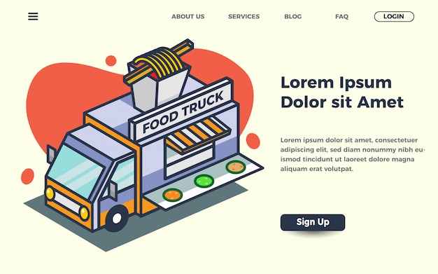 Vector street food-sjabloon voor bestemmingspagina met vrachtwagen vectorillustratie