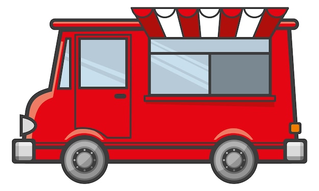 屋台の食べ物のトラックのアイコン縞模様の日よけが付いている赤いバン