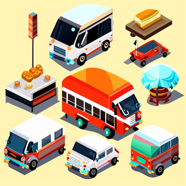 Vector street food trucks and vehicles isometric icons vector set