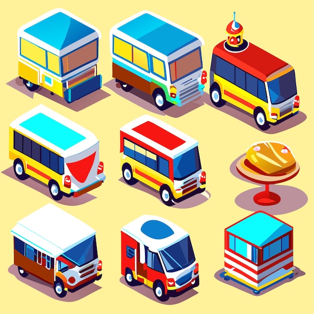 Street food trucks and vehicles isometric icons vector set