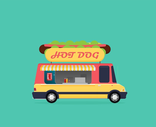 Vector street food van fast food delivery in flat style isolated on color background