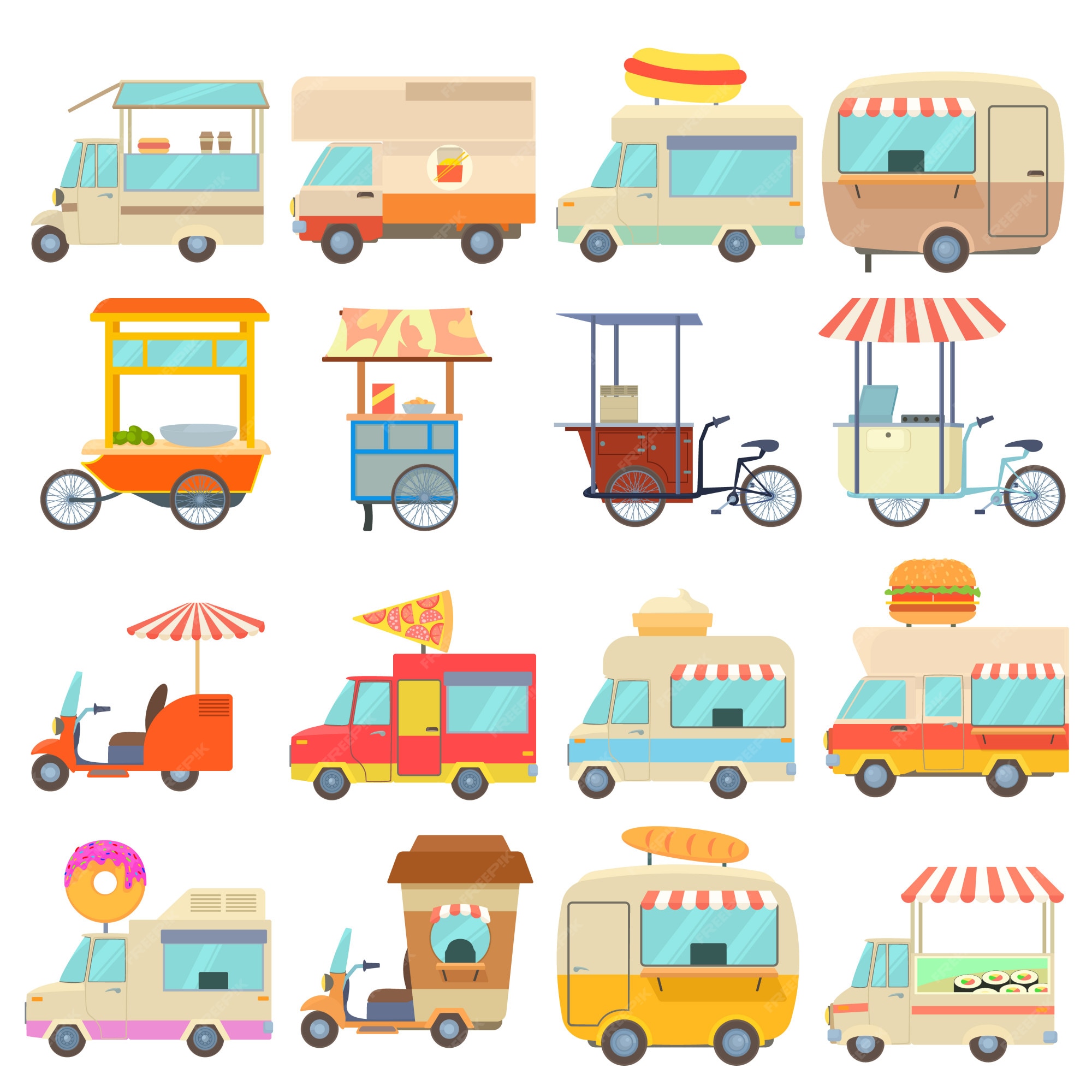 Premium Vector | Street food vehicles icons set
