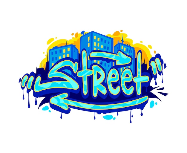 Street graffiti art urban style Hip Hop culture scribble spray paint teenage tag or wall airbrush isolated vector text Street graffiti with neon blue and yellow paint text ghetto houses