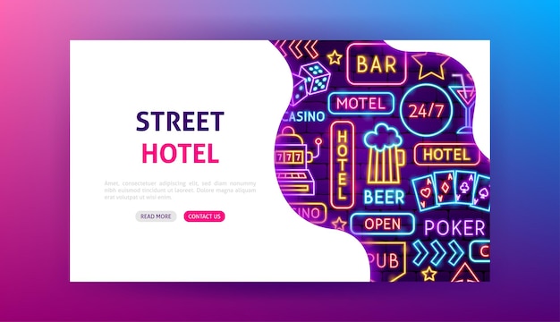 Street Hotel Neon-bestemmingspagina. Vectorillustratie van Bar-promotie.