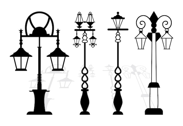 Векторный набор уличных фонарей лазерная резка Ретро столбы уличного освещения и фонарные столбы