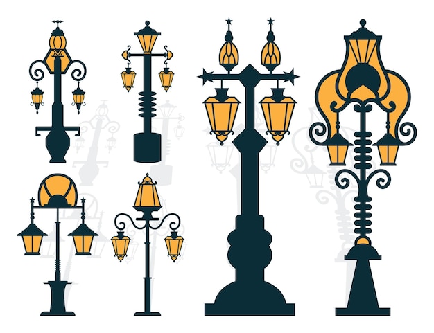 街灯ベクター セット レーザー カット レトロな街灯柱とランタン ポール