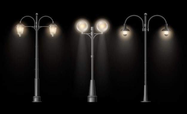 Street lamps glowing in dark city illumination