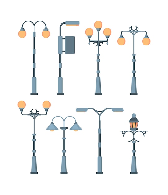 Street lights set. traditionally and retro city lighting lamps antique vintage