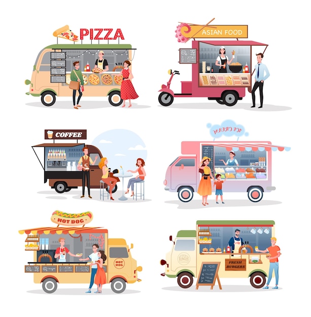 Street market food truck vector illustration set cartoon van stall marketplace mini cafe selling piz