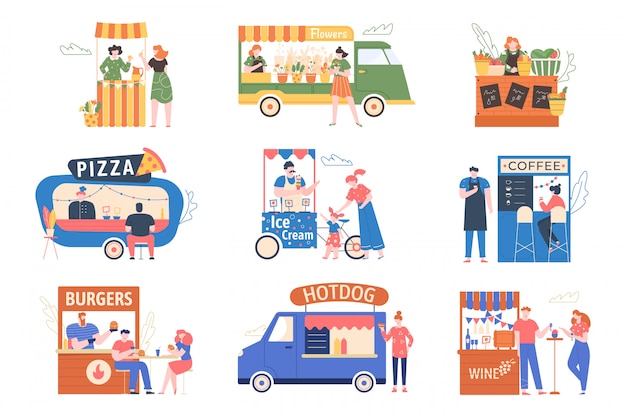 Street market. Outdoor counter fair, tents with food, products, coffee and flowers. Characters buy and sell at the street fair, market street  illustration set. Fast food kiosks, ice cream cart