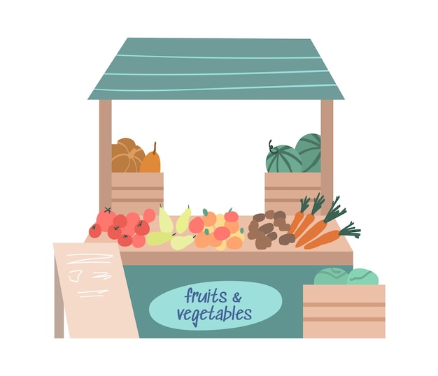 Street market stall fruits and vegetables cartoon vector illustration isolated