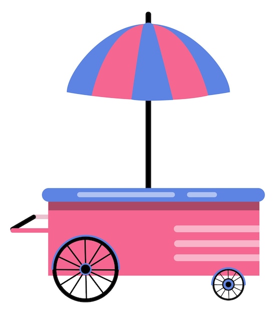 Street market stand pink food cart with striped umbrella