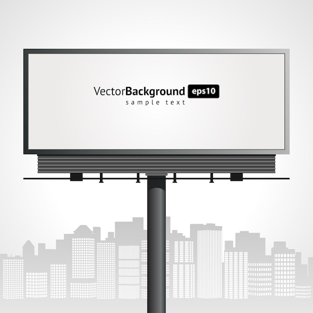 Vector street massive billboard on background skyscrapers vector banner dark steel frame with white screen for digital signage