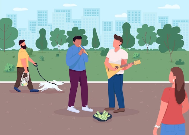 Street music playing flat color . collecting money with your favourite hobby. special perfomance in park. talanted musicians 2d cartoon characters with huge megapolis