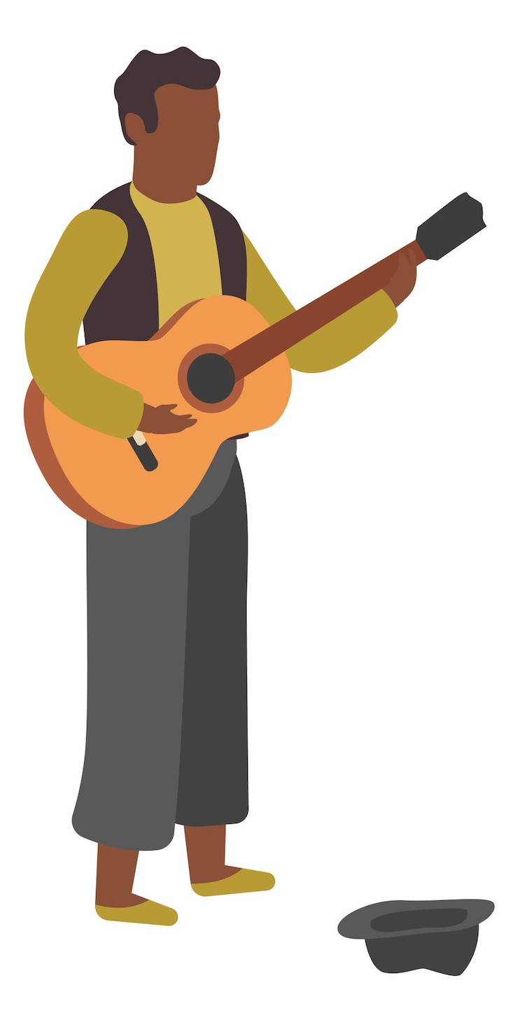 Vector street musician playing on guitar. poor man begging isolated on white background