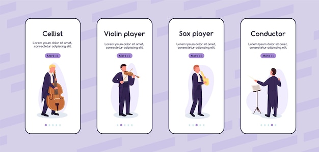 Musicisti di strada a bordo del modello piatto dello schermo dell'app mobile. diversi strumenti musicali. procedura dettagliata del sito web con i personaggi. ux, ui, interfaccia grafica per cartoni animati per smartphone, set di stampe di custodie