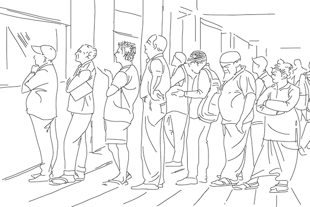 Vector street people sketching sketching crowded people walking at a market