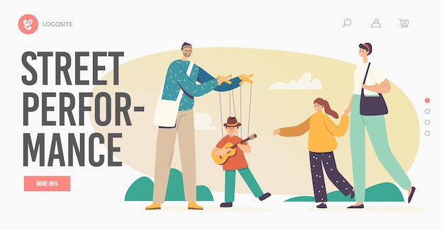 Street Performance Landing Page Template. Master Manipulate Puppet Toy Playing Guitar Hanging on Strings. Artist Puppeteer Character Performing Show with Marionette. Cartoon People Vector Illustration