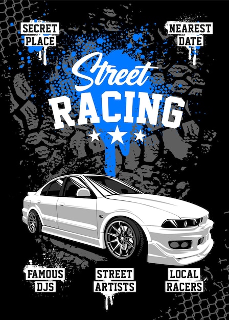 白と白の古い学校の日本車と背景に汚れたグランジ要素とストリートレーシングポスターデザインテンプレート。