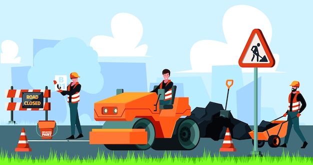 Street repair builders technical work in city with machine maintenance warning processes road traffic support garish vector cartoon background