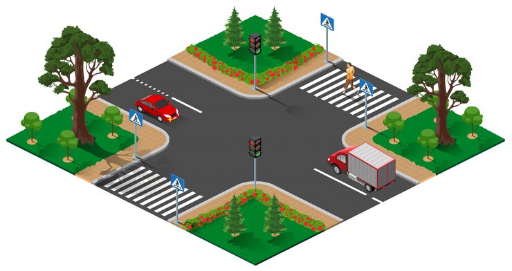 Vector street road intersection with traffic light. pedestrian man crosses zebra road