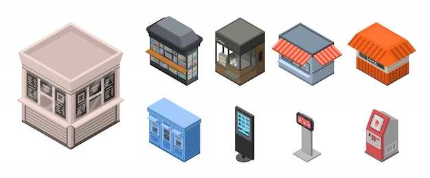 Street shop kiosk icon set, isometric style