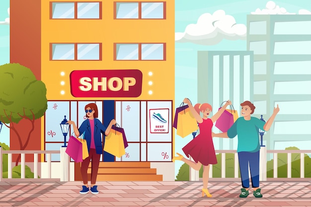 벡터 플랫 만화 디자인 남성과 여성 구매자와 가방을 걷는 고객 개념으로 거리 쇼핑