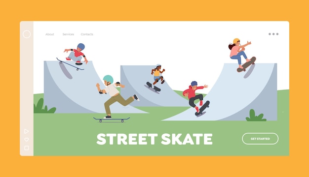 Modello di pagina di destinazione di street skate bambini che pattinano longboard nel parco cittadino ragazzi o preadolescenti pattinatori per bambini freedom life