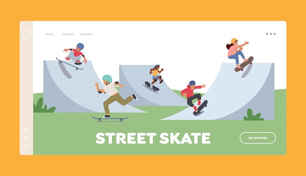 Street skate landing page template children skating longboard in city park teen or preteen kids skaters freedom life