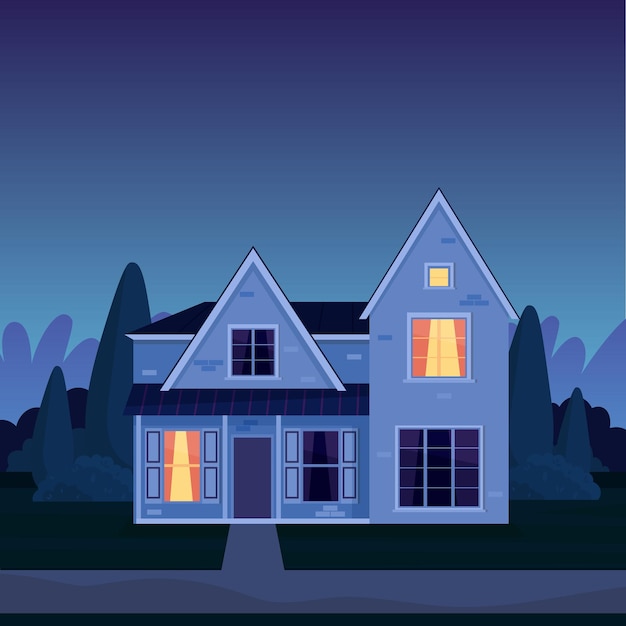 Vector street in suburb district with residential house at night. cartoon landscape with suburban cottage. city neighborhood with real estate property. vector illustration in a flat style