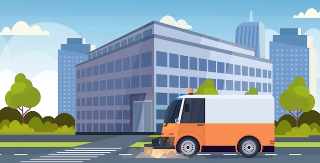 거리 스위퍼 트럭 기계 청소 과정 산업 차량 도시 도로 서비스 개념 현대 도시 배경 가로 평면