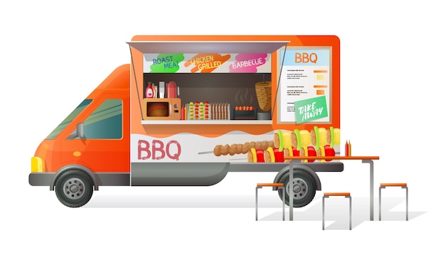 Street van fast food shop truck with stall counter with pasta grill BBQ barbecue Transportation barbeque truck van with a street food menu with barbecue and tasty eating Vector illustration