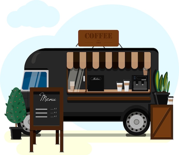 Street van selling coffee flat vector illustration of a mobile cafeteria with a canopy billboard and